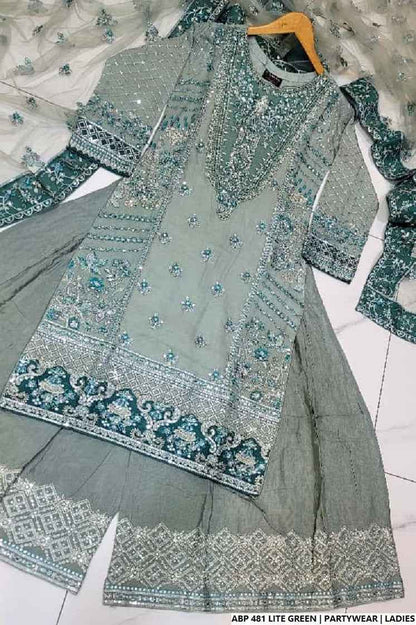 Pakistani women's light green silk short shirt full view