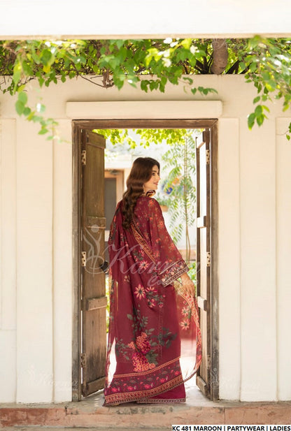 Pakistani women's maroon silk long kaftan full view