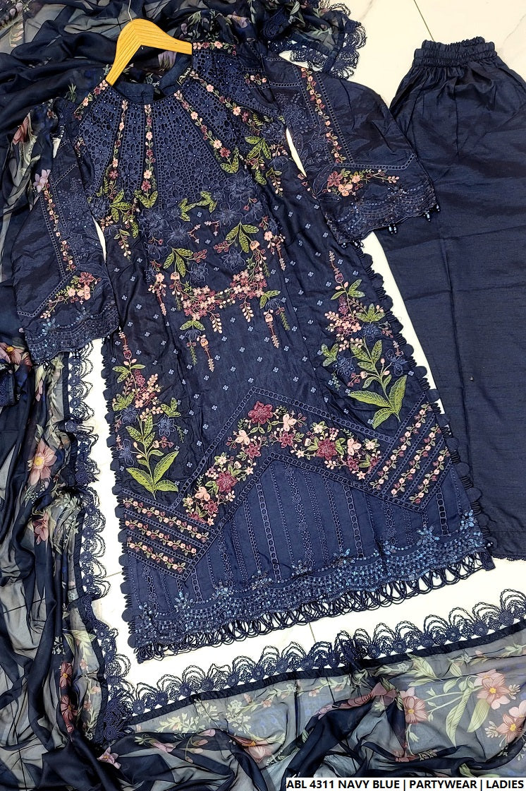 Pakistani women's navy blue organza A-Line shirt full view