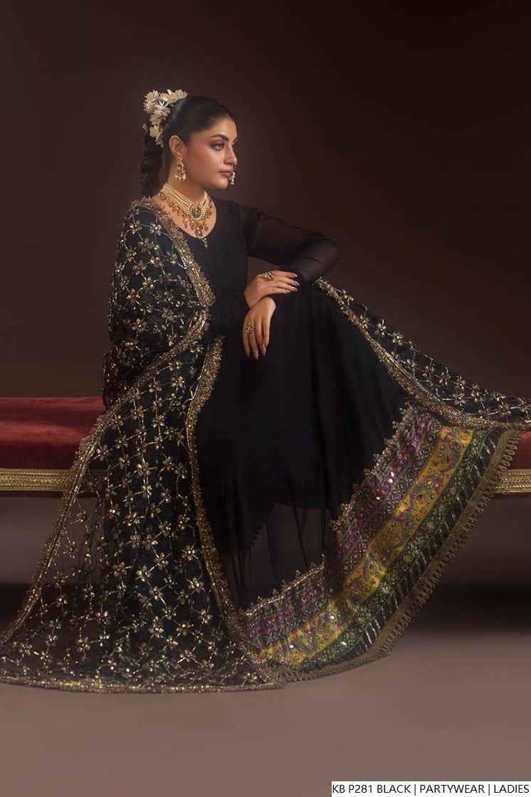 Pakistani women's black hand embroidered luxury suit detail view