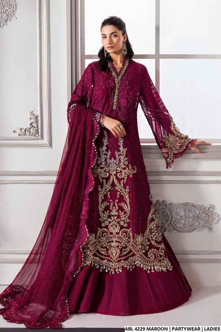 Organza A-Line shirt maroon - Pakistani women's elegant formal wear with viscose trouser and organza dupatta front view
