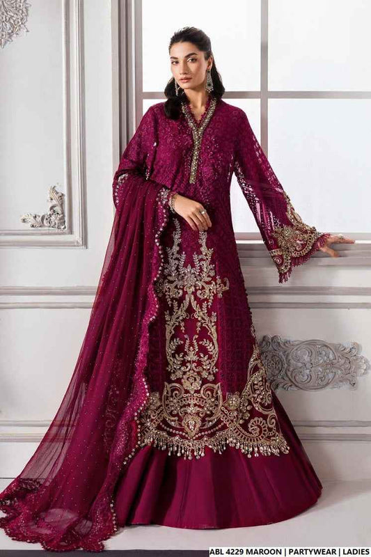 Organza A-Line shirt maroon - Pakistani women's elegant formal wear with viscose trouser and organza dupatta front view