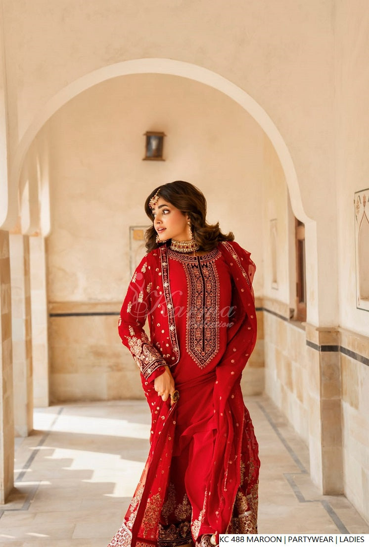 Pakistani women's maroon silk long kaftan plazo full view