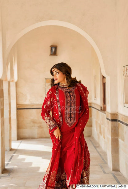 Pakistani women's maroon silk long kaftan plazo full view