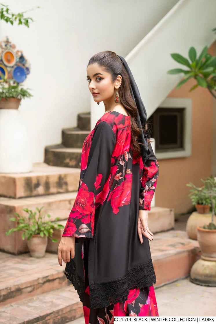 Pakistani women's black silk 2-piece formal suit full view