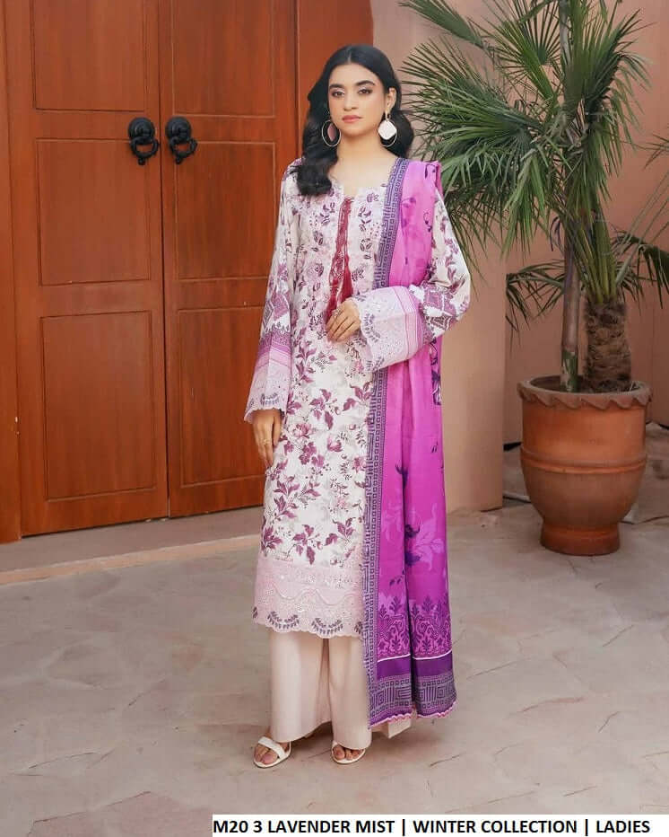 Lawn A-Line shirt lavender - Pakistani women's casual summer outfit with cotton trouser and lawn dupatta front view