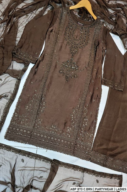 Pakistani women's chocolate brown silk straight shirt back view