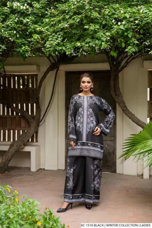 Silk 2-piece black - Pakistani women's elegant formal wear with silk trouser and silk dupatta front view