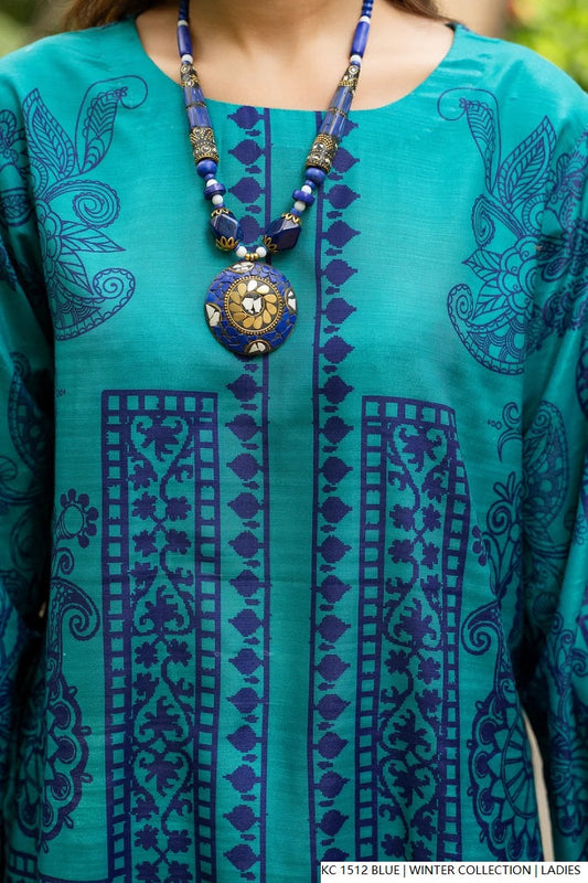 Blue silk Pakistani women's 2-piece formal suit side view