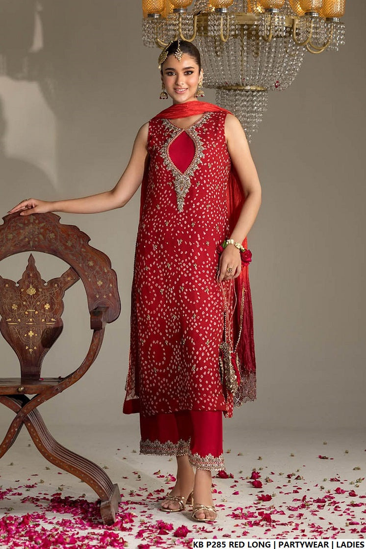 Pakistani women's red hand embroidered luxury long suit detail view