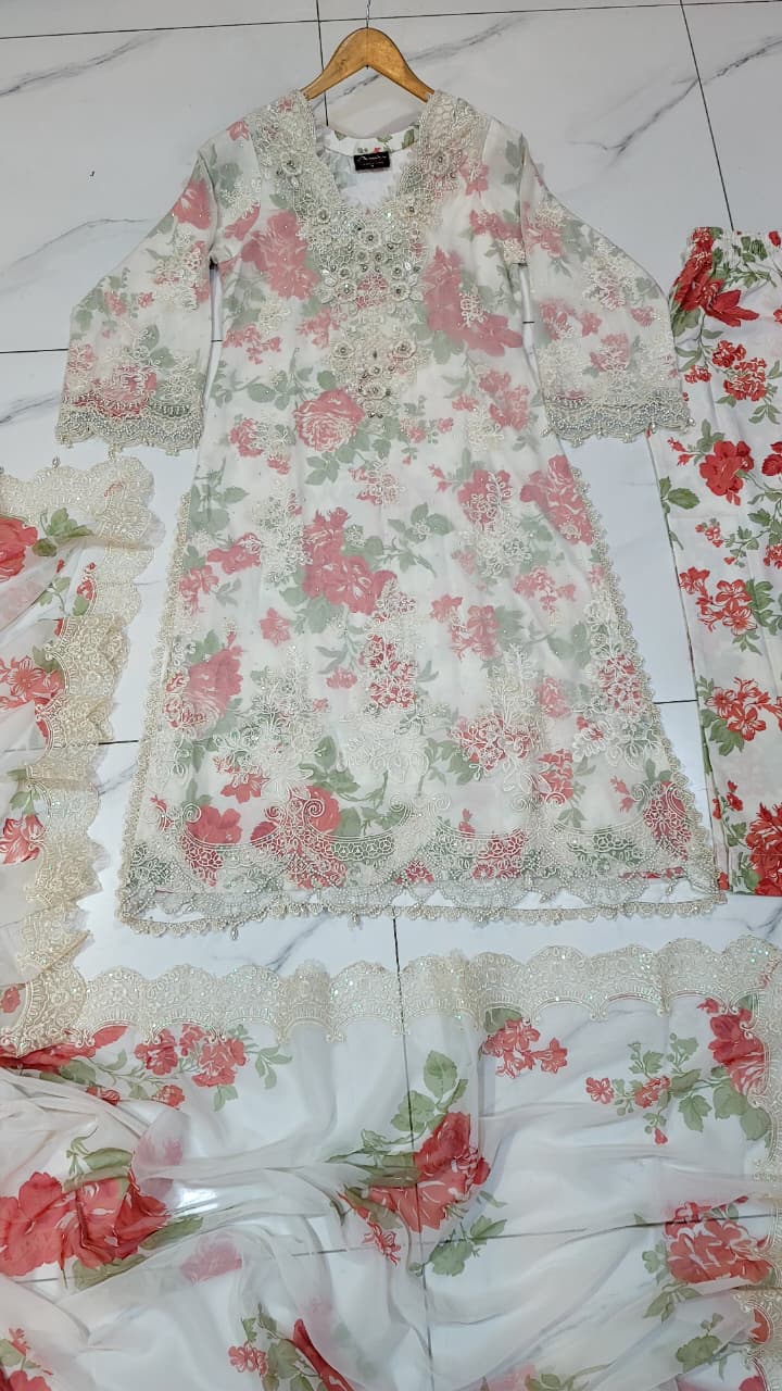 Pakistani women's rust white organza A-Line shirt full view