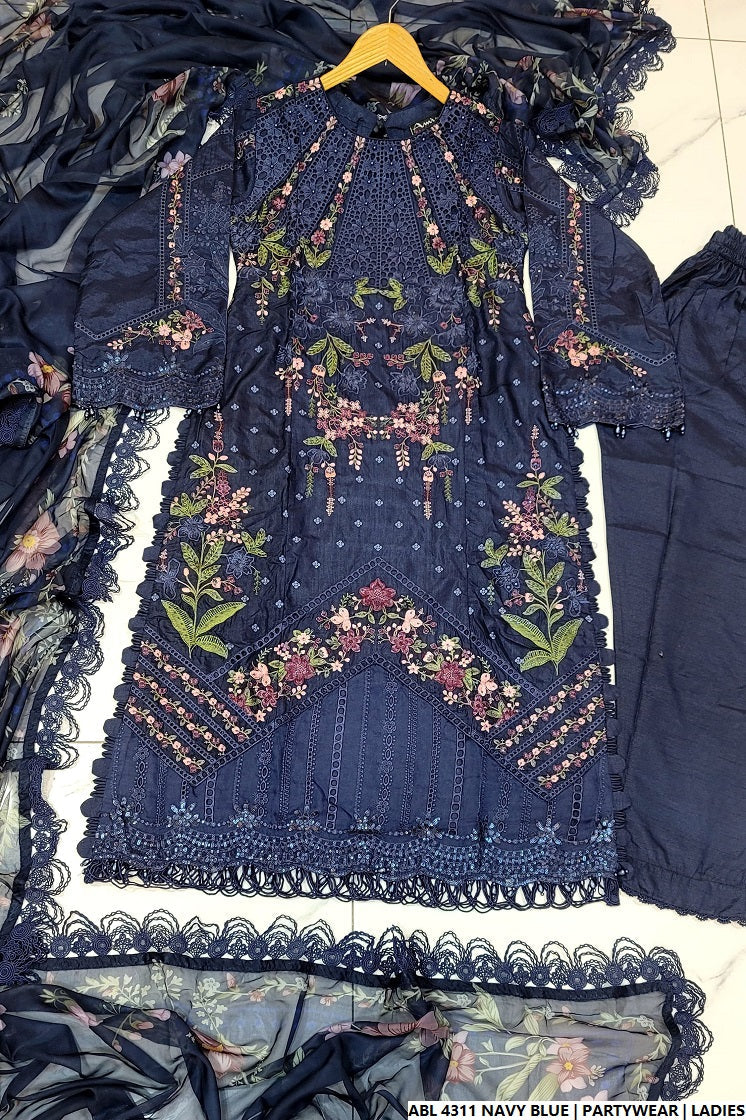 Pakistani women's navy blue organza A-Line shirt back view