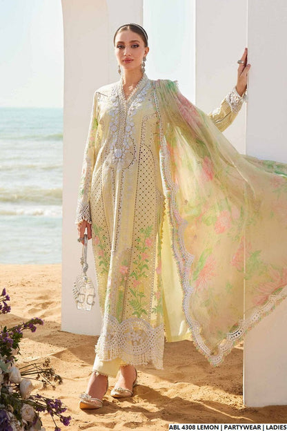 Lemon yellow organza Pakistani women's A-Line shirt side view
