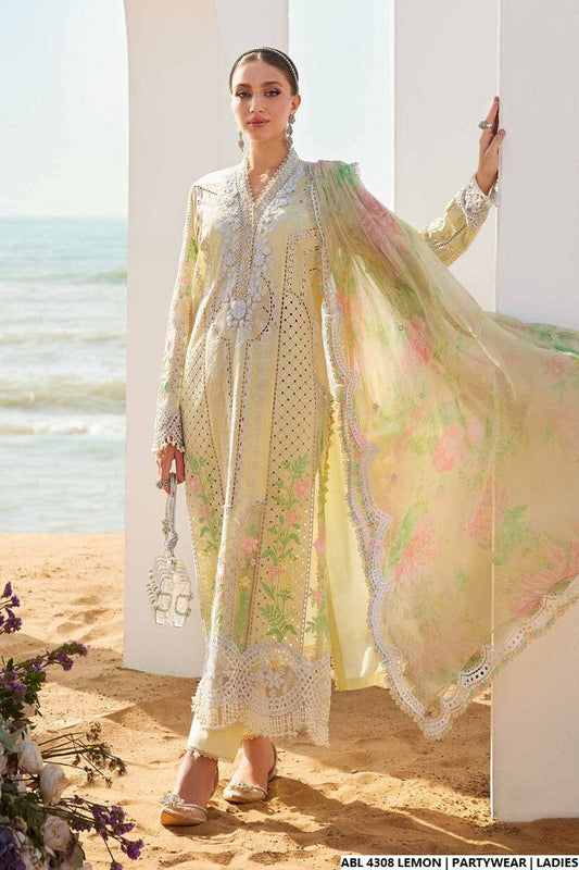 Lemon yellow organza Pakistani women's A-Line shirt side view