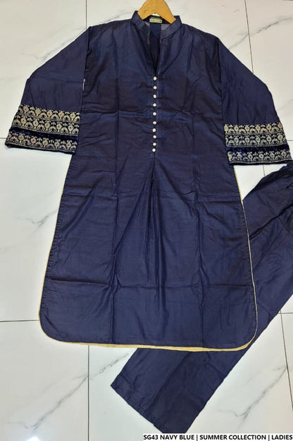 Pakistani women's navy blue lawn A-Line casual shirt full view