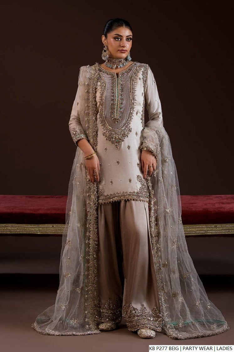 Hand embroidered luxury short suit beige - Pakistani women's bridal formal wear with embroidered dupatta front view