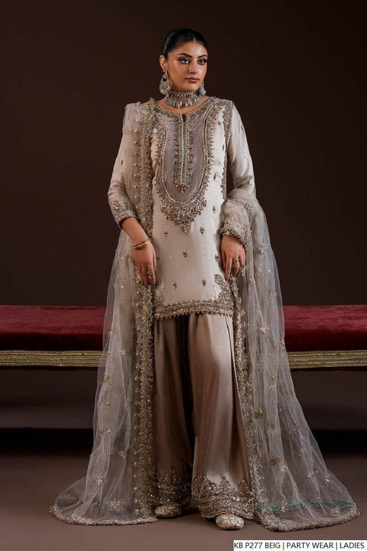 Hand embroidered luxury short suit beige - Pakistani women's bridal formal wear with embroidered dupatta front view