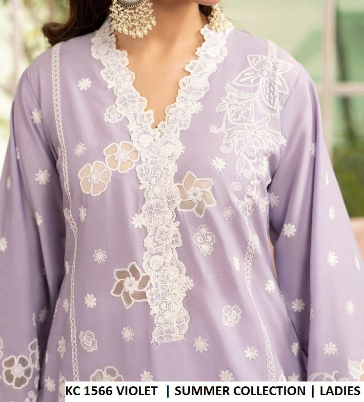 KC TABEER 1566 VIOLET Pakistani women's cotton organza 3D flower work shirt detail view