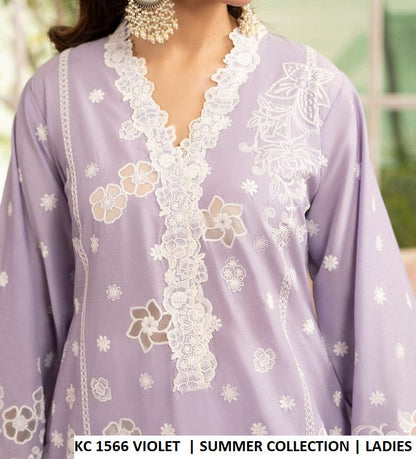 KC TABEER 1566 VIOLET Pakistani women's cotton organza 3D flower work shirt detail view