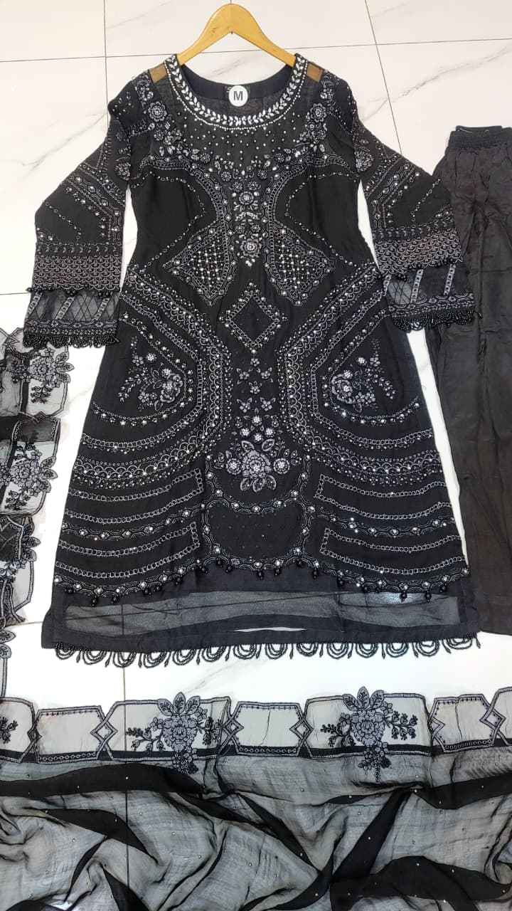Pakistani women's black chiffon straight shirt back view