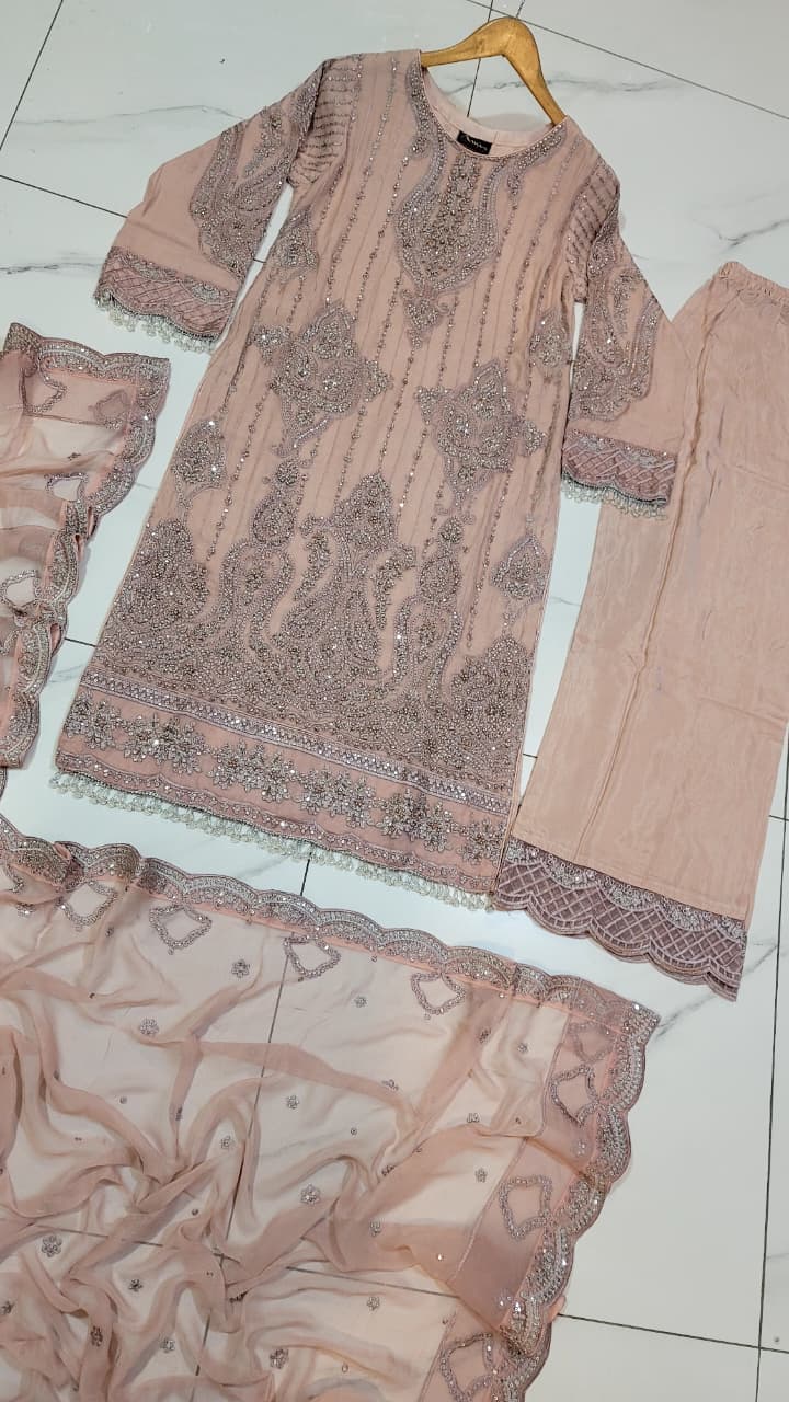 Pakistani women's tea pink chiffon straight shirt back view