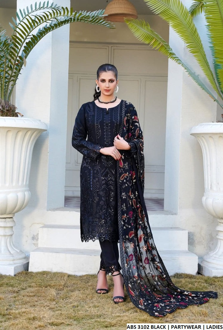Chiffon straight shirt ABS 3102 - Pakistani women's elegant outfit with grip trouser and chiffon dupatta front view