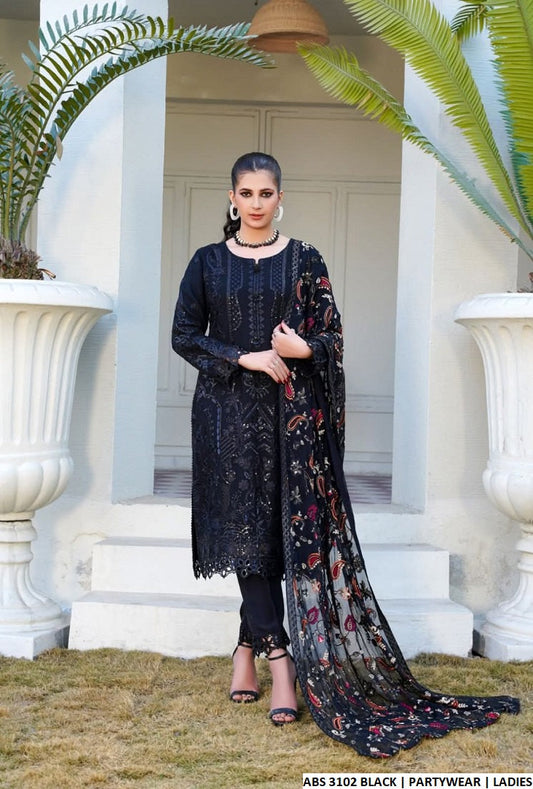 Chiffon straight shirt ABS 3102 - Pakistani women's elegant outfit with grip trouser and chiffon dupatta front view