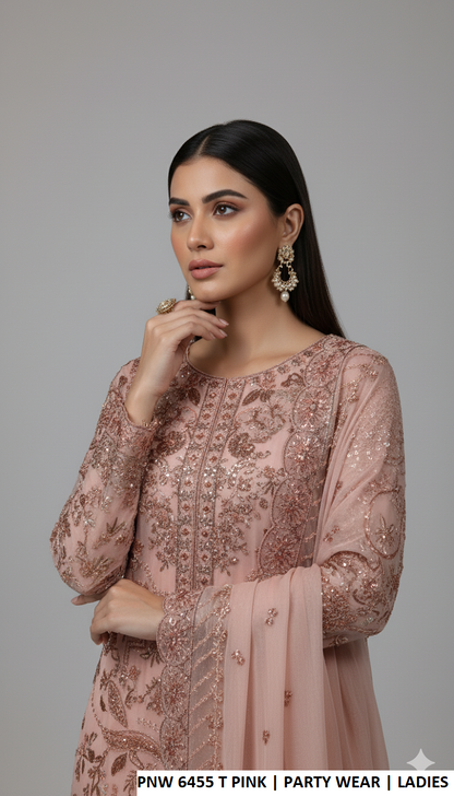 Tea pink chiffon Pakistani women's straight shirt back view