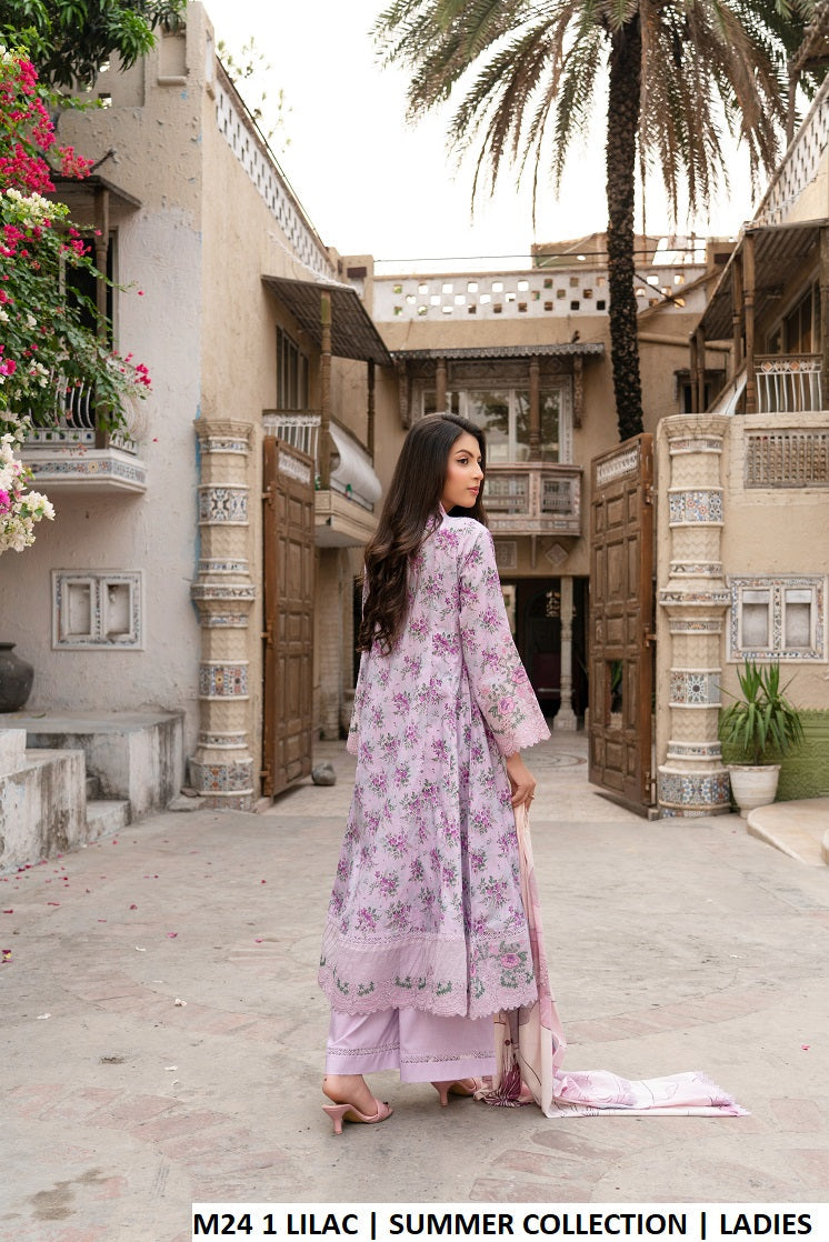 M24 1 PRINT - Elegant Lawn Long Frock with Plazo 3-Piece Women's Suit