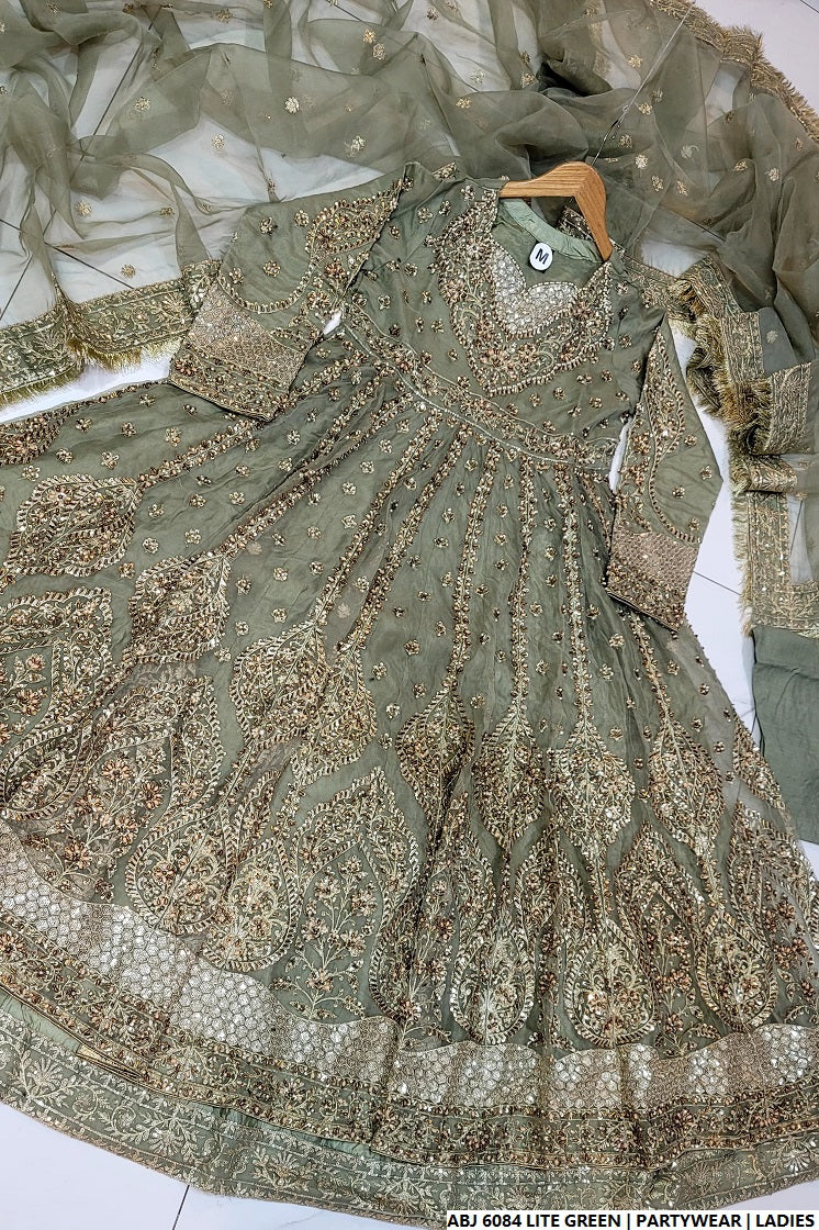 Pakistani women's light green chiffon short frock back view