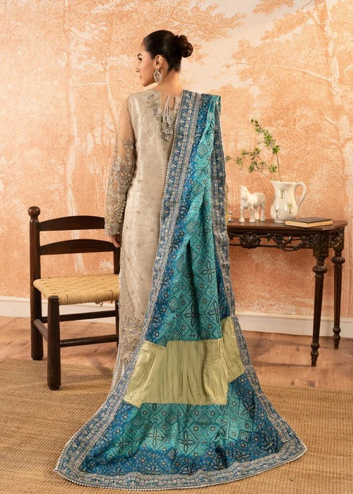 ABL 3940 Pakistani women's net formal outfit with grip dupatta back view
