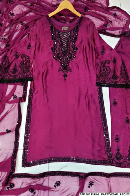 Pakistani women's plum silk straight shirt detail view