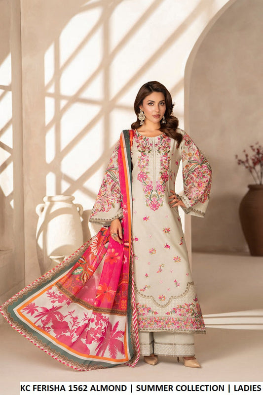 Cotton straight shirt plazo almond - Pakistani women's casual elegant outfit with digital print silk dupatta front view