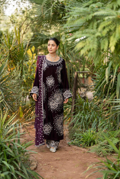 Velvet long kaftan plazo plum - Pakistani women's luxury winter formal wear with silk dupatta front view