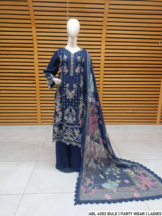 Chiffon straight shirt blue - Pakistani women's elegant party wear with grip trouser and chiffon dupatta front view
