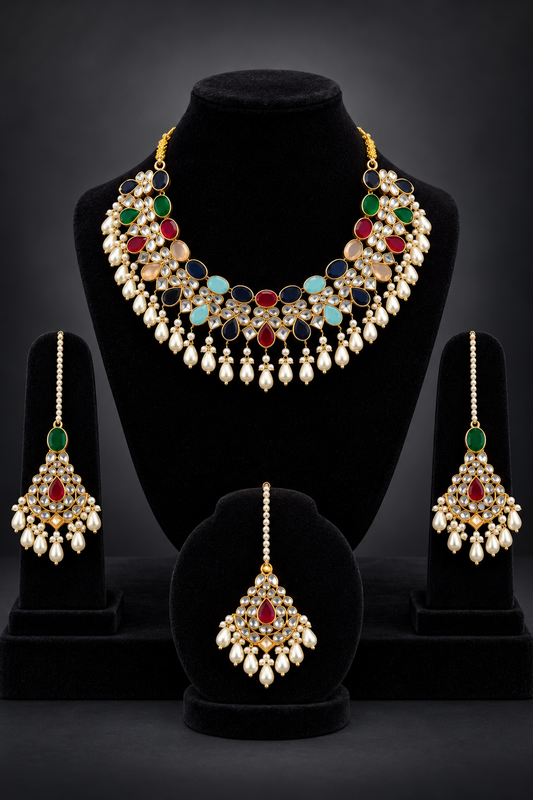JW560 – Multicolour Kundan-Style Jewellery Set with Pearl Drops