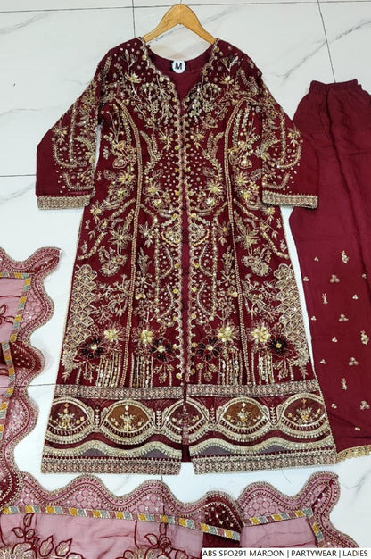 Maroon chiffon Pakistani women's straight shirt with plazo side view