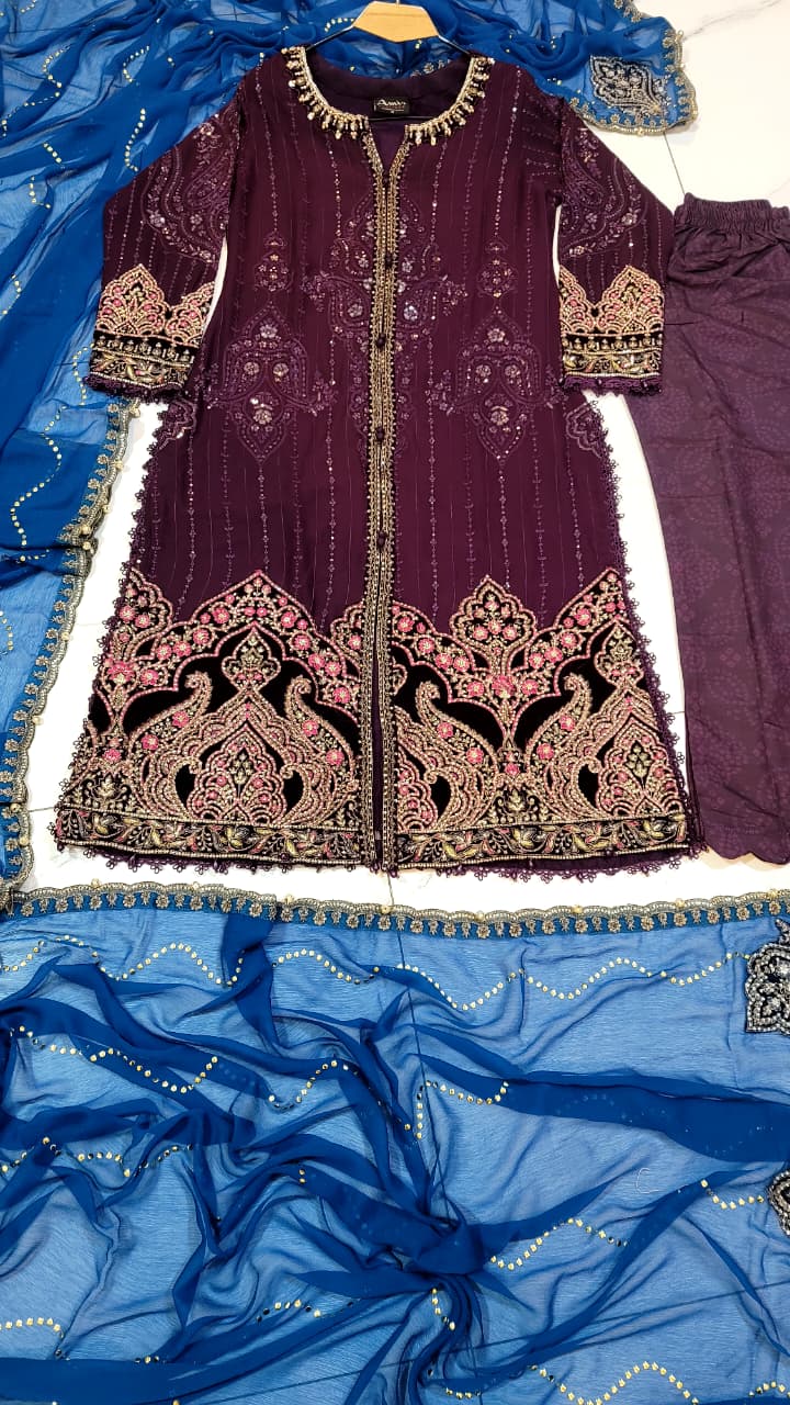 Pakistani women's purple organza A-Line shirt full view