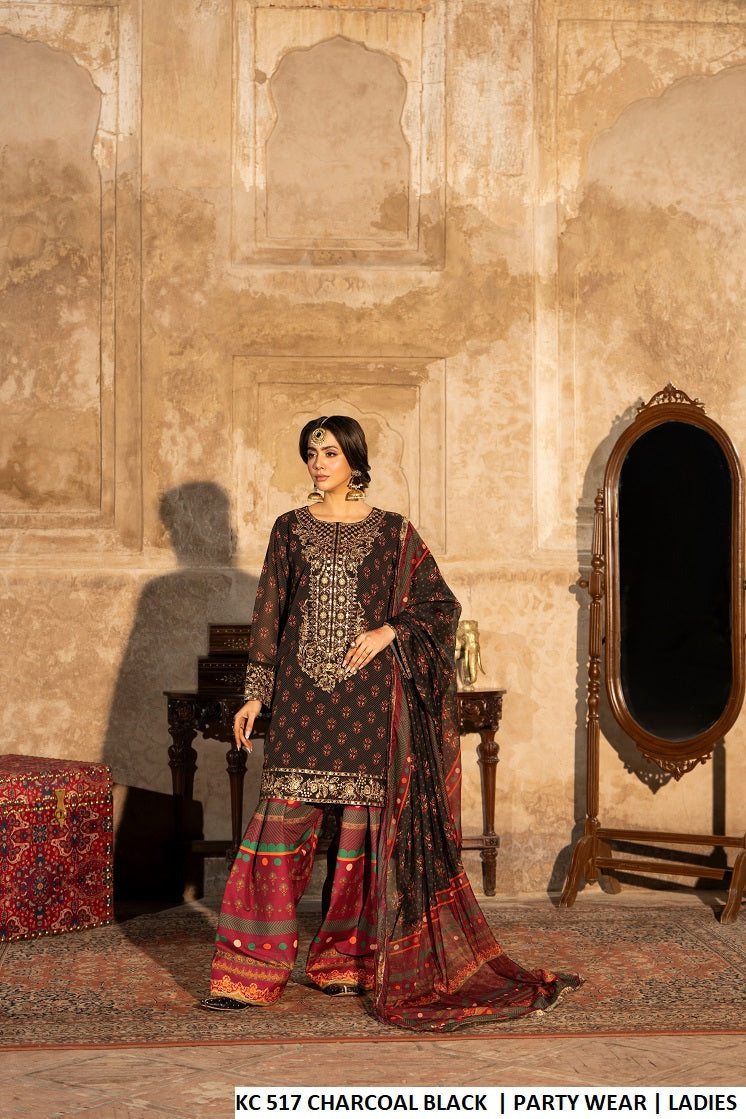 Printed short shirt farshi shalwar charcoal black - Pakistani women's tilla sequins embroidered festive outfit with printed silk dupatta front view