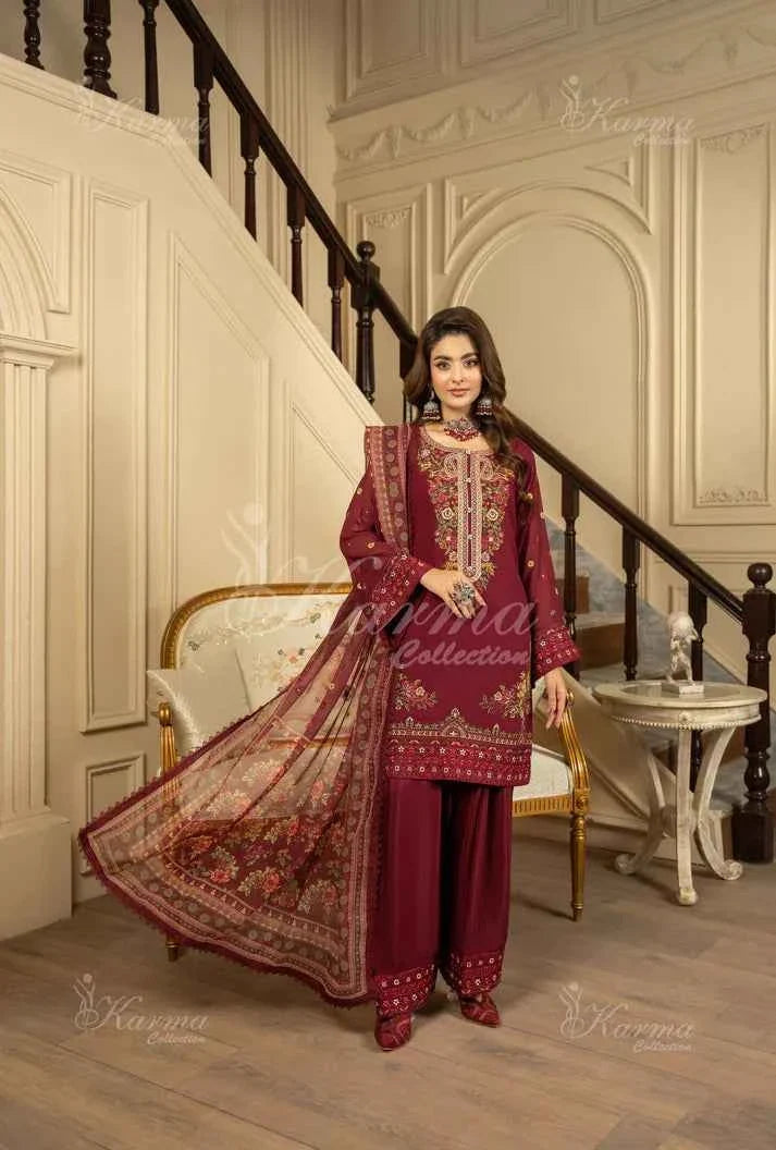 Silk short shirt farshi shalwar maroon - Pakistani women's traditional formal outfit front view