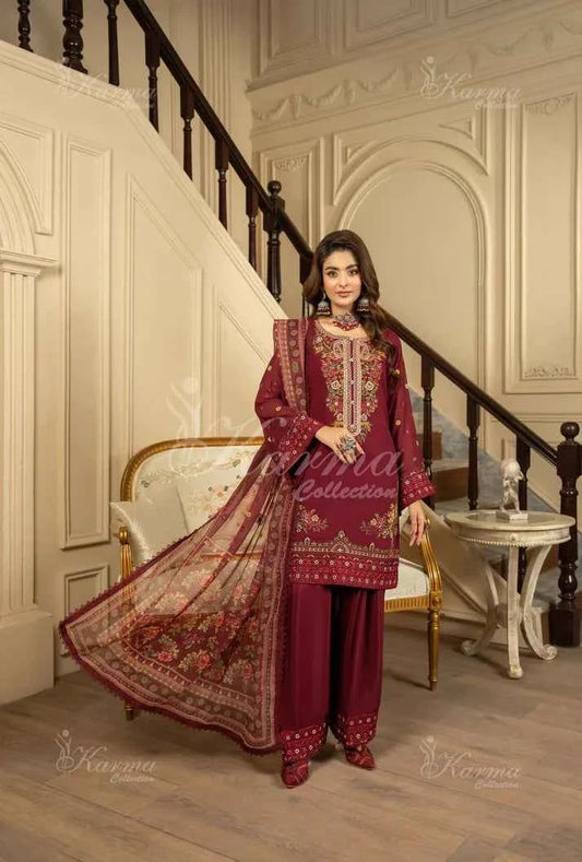 Silk short shirt farshi shalwar maroon - Pakistani women's traditional formal outfit front view