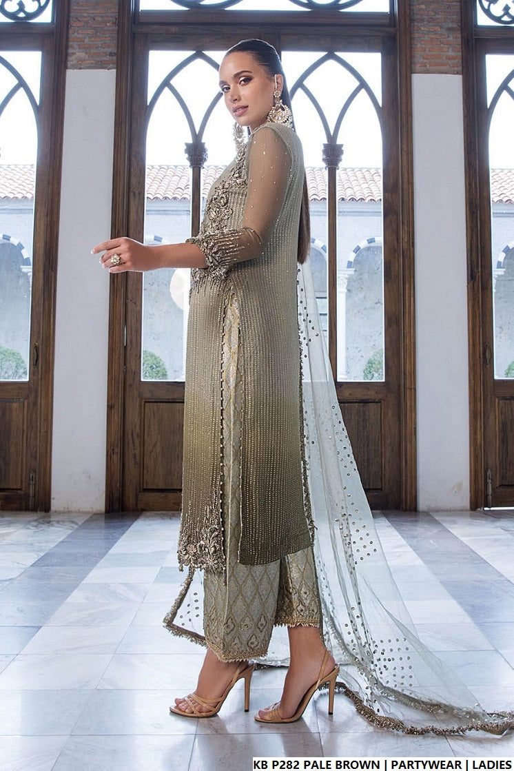 Pale brown hand embroidered Pakistani women's luxury suit side view