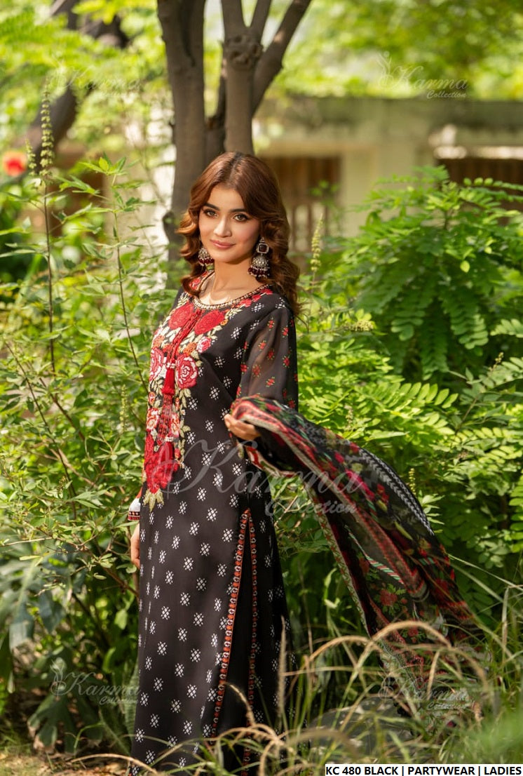 Pakistani women's black silk long kaftan back view