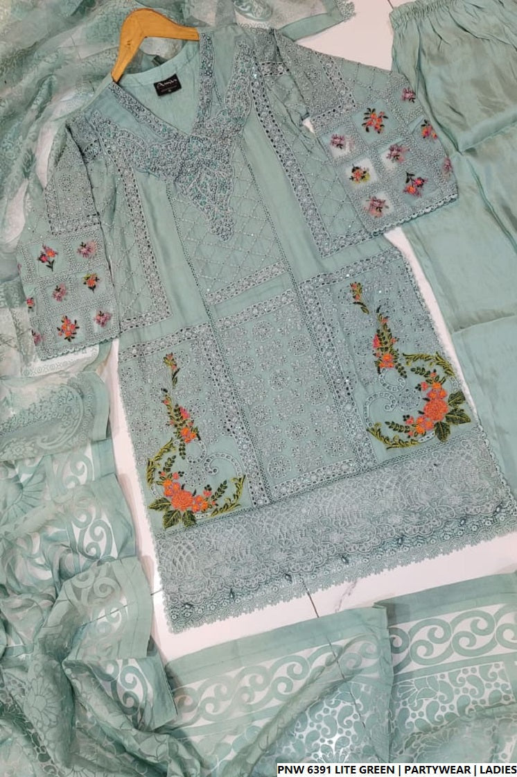 Pakistani women's light green chiffon straight shirt plazo back view