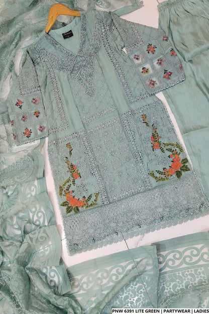 Pakistani women's light green chiffon straight shirt plazo back view