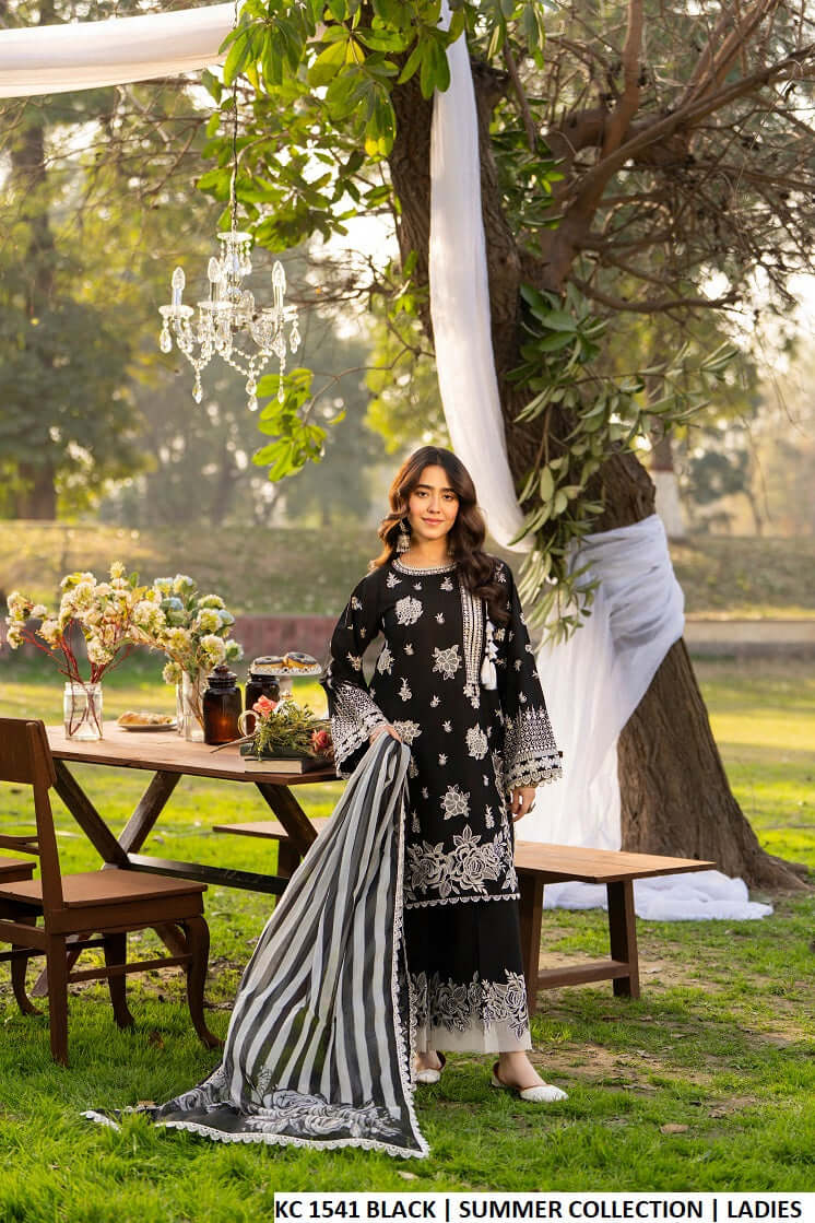 Cotton round shirt 3D floral chikankari black - Pakistani women's casual outfit with loose trouser and printed chiffon dupatta front view