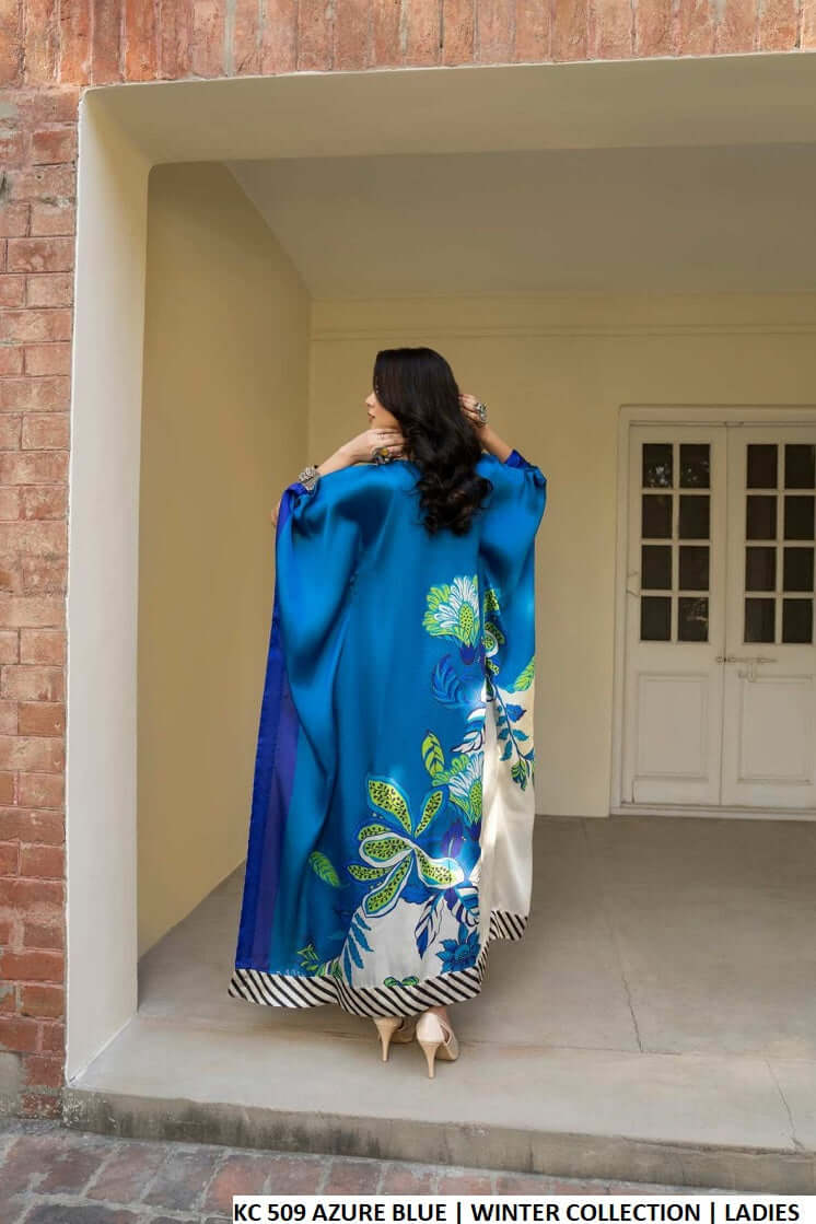 Pakistani women's azure blue silk long kaftan plazo back view