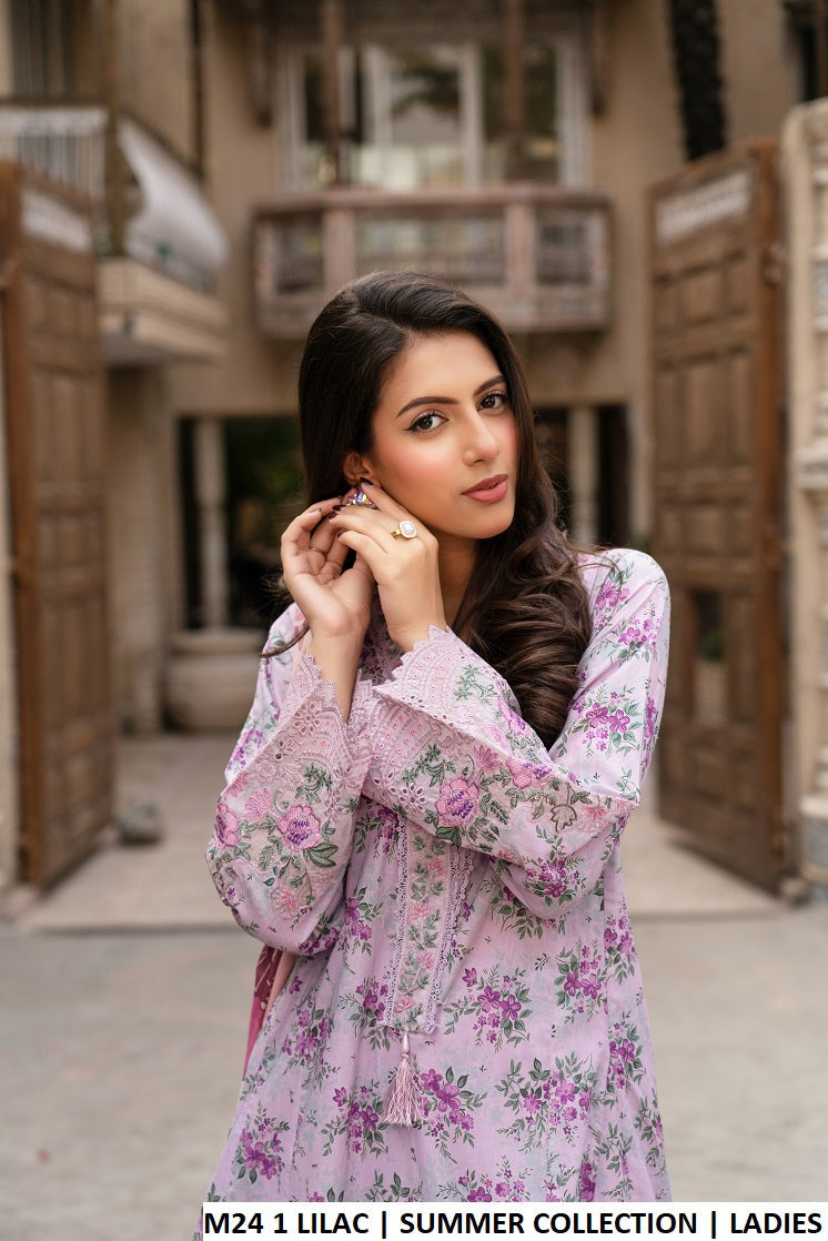 M24 1 PRINT - Elegant Lawn Long Frock with Plazo 3-Piece Women's Suit