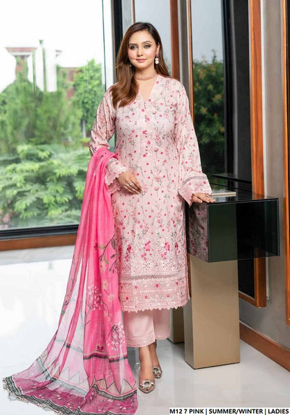 Lawn A-Line printed shirt - Pakistani women's casual summer outfit with cotton trouser and lawn dupatta front view