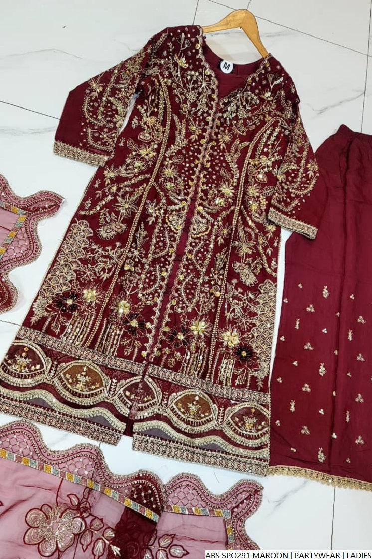 Pakistani women's maroon chiffon straight shirt plazo back view